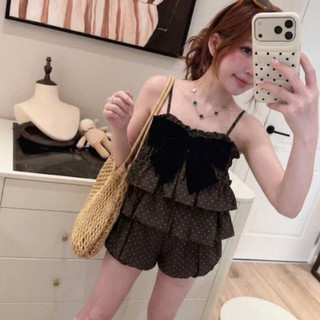 Set Bộ 2 Dây Chấm Bi Nơ, Áo Bèo Tầng Mix Quần Short Mặc Nhà Siêu Xinh Phong Cách Hàn Quốc