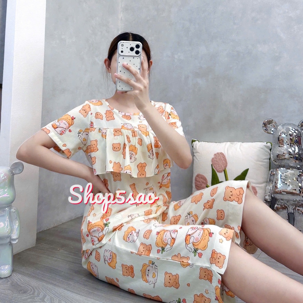 Đồ bộ tole, bộ lanh mặc nhà quần lửng, áo tay ngắn có bèo ngực SHOP5SAO (43-75kg) | BigBuy360 - bigbuy360.vn