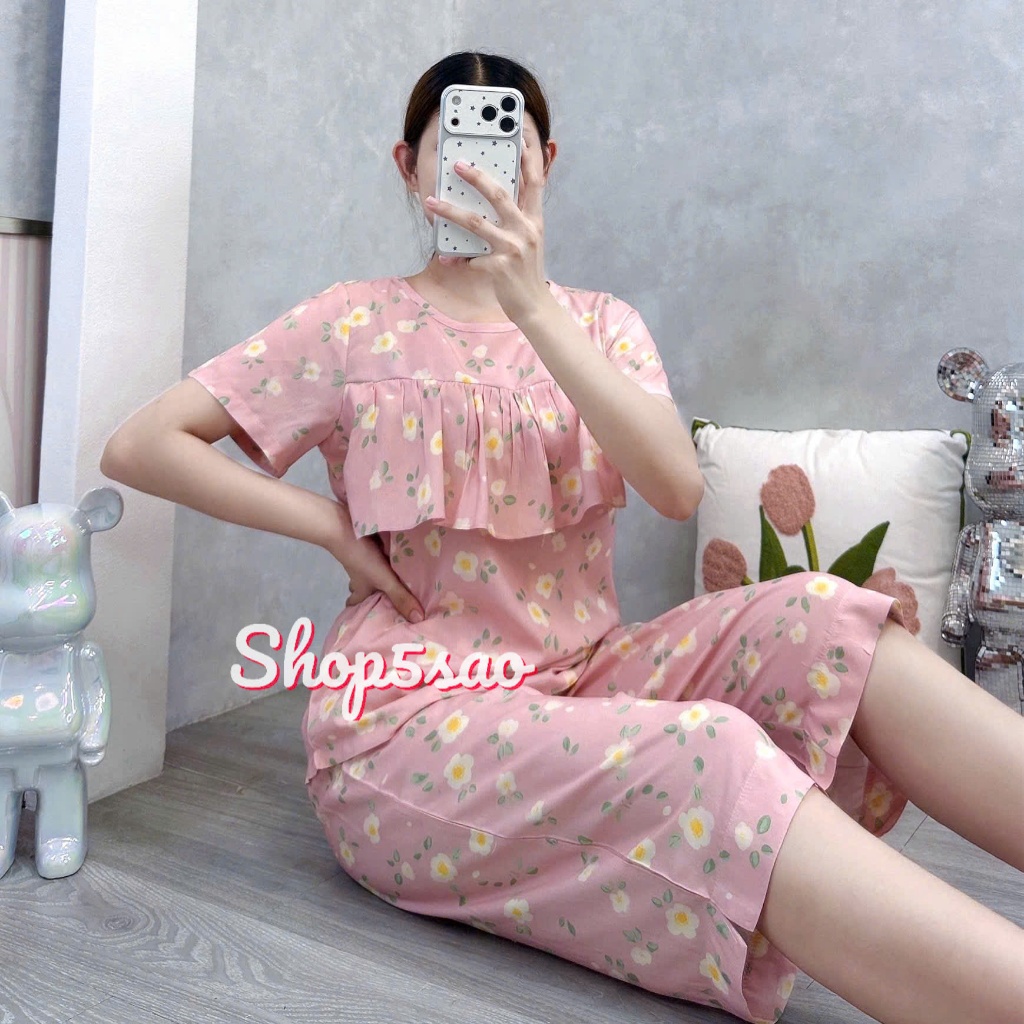 Đồ bộ tole, bộ lanh mặc nhà quần lửng, áo tay ngắn có bèo ngực SHOP5SAO (43-75kg) | BigBuy360 - bigbuy360.vn