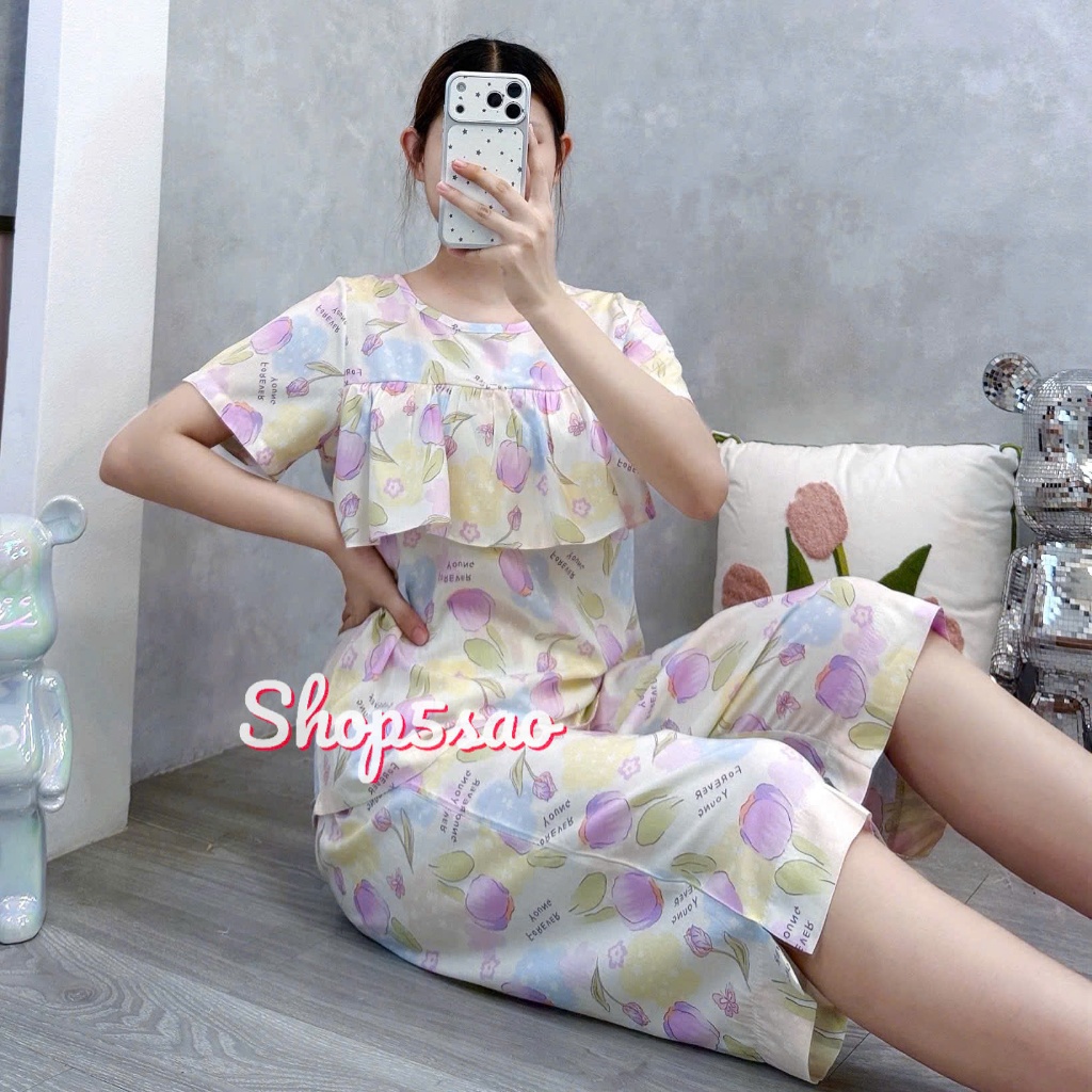 Đồ bộ tole, bộ lanh mặc nhà quần lửng, áo tay ngắn có bèo ngực SHOP5SAO (43-75kg) | BigBuy360 - bigbuy360.vn