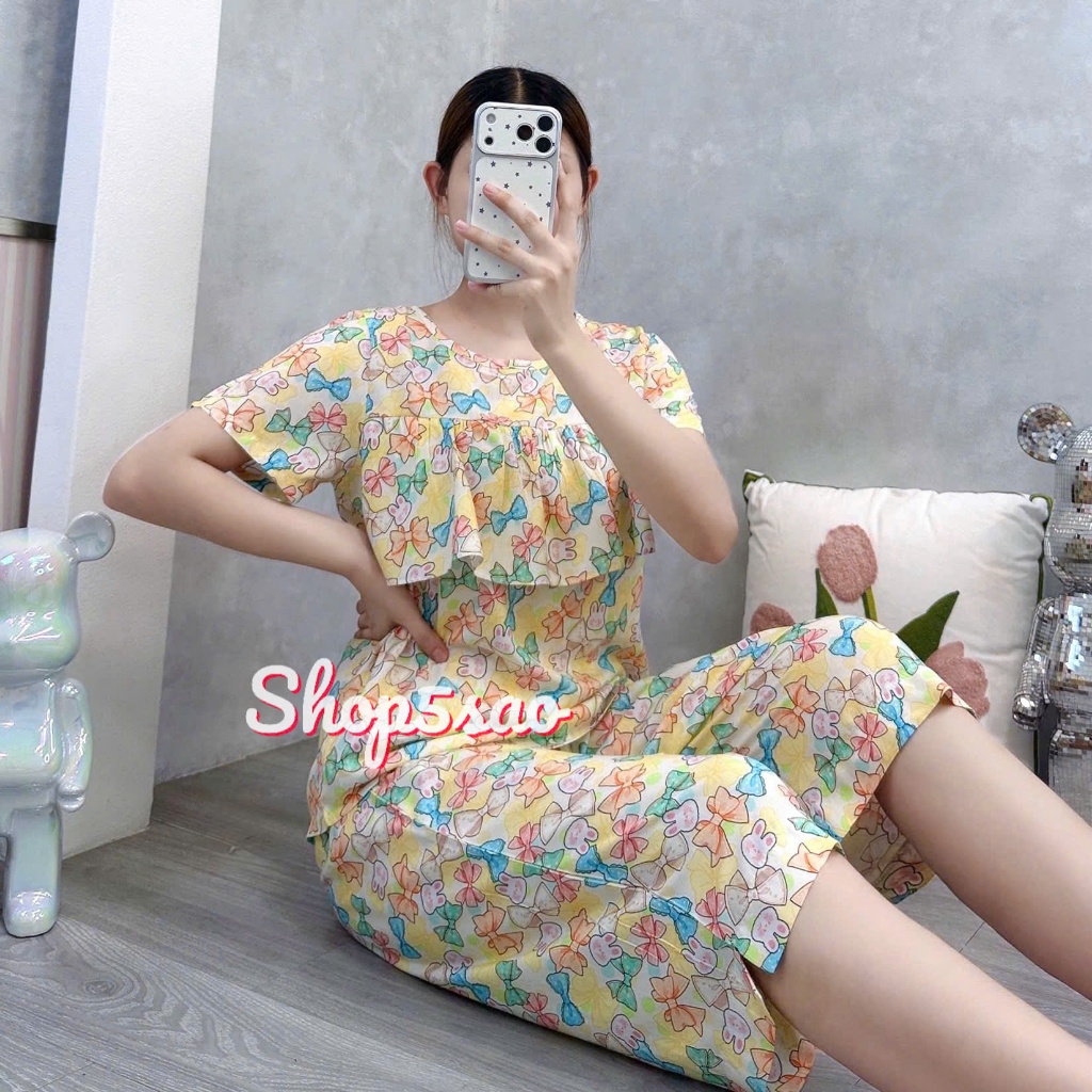 Đồ bộ tole, bộ lanh mặc nhà quần lửng, áo tay ngắn có bèo ngực SHOP5SAO (43-75kg) | BigBuy360 - bigbuy360.vn