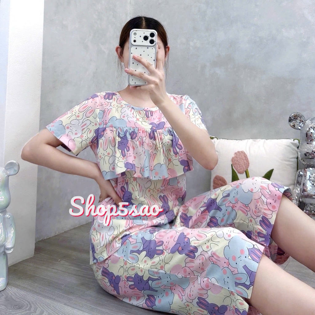 Đồ bộ tole, bộ lanh mặc nhà quần lửng, áo tay ngắn có bèo ngực SHOP5SAO (43-75kg) | BigBuy360 - bigbuy360.vn