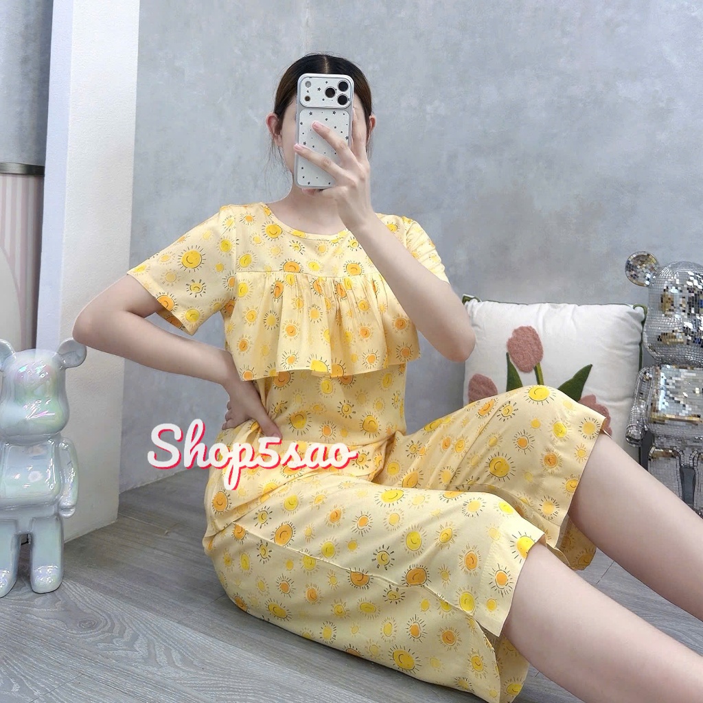 Đồ bộ tole, bộ lanh mặc nhà quần lửng, áo tay ngắn có bèo ngực SHOP5SAO (43-75kg) | BigBuy360 - bigbuy360.vn