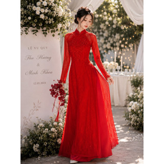 [Hàng Thiết Kế] Áo Dài Cưới Nữ Ren Đỏ Đính Pha Lê Viền Cổ Ngực Lưng Dài Tay Phối Ren Sang Trọng Chụp Ảnh Lễ Cưới