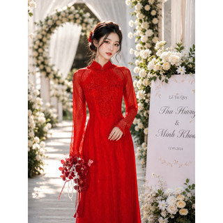 [Hàng Thiết Kế] Áo Dài Cưới Nữ Ren Đỏ Đính Pha Lê Viền Cổ Ngực Lưng Dài Tay Phối Ren Sang Trọng Chụp Ảnh Lễ Cưới
