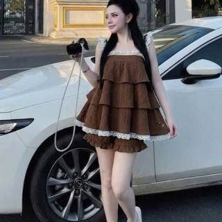 Set Babydoll Nàng Thơ 2 Dây Phối Ren, Áo Xòe Kèm Quần Bảo Hộ Vintage Hàn Quốc