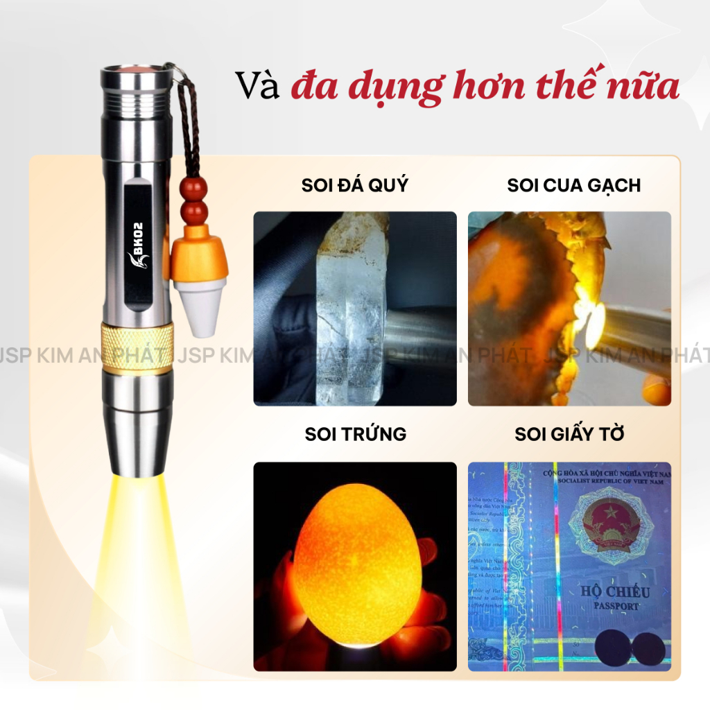Đèn soi đá quy 3 màu BK02 Trắng Vàng Tím kèm sạc pin đèn soi cua gạch soi tiên giả JSP