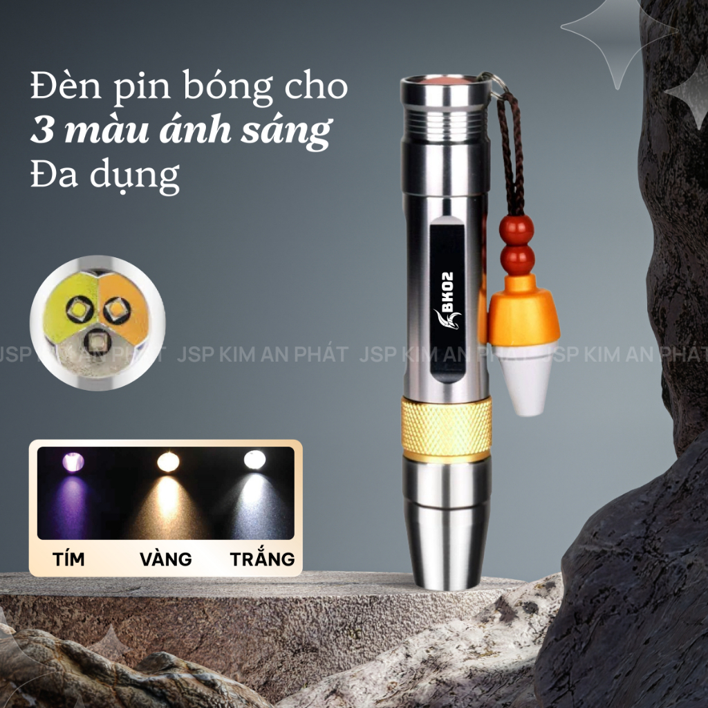 Đèn soi đá quy 3 màu BK02 Trắng Vàng Tím kèm sạc pin đèn soi cua gạch soi tiên giả JSP