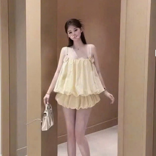 Set Bộ Đồ Nữ Gió Phồng TRơn Áo 2 Dây Đính 2 Nơ Gấu Phồng Mix Chân Váy Bí Dáng Ngắn