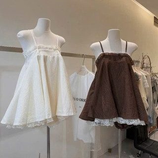 Set Babydoll Nàng Thơ 2 Dây Phối Ren, Áo Xòe Kèm Quần Bảo Hộ Vintage Hàn Quốc