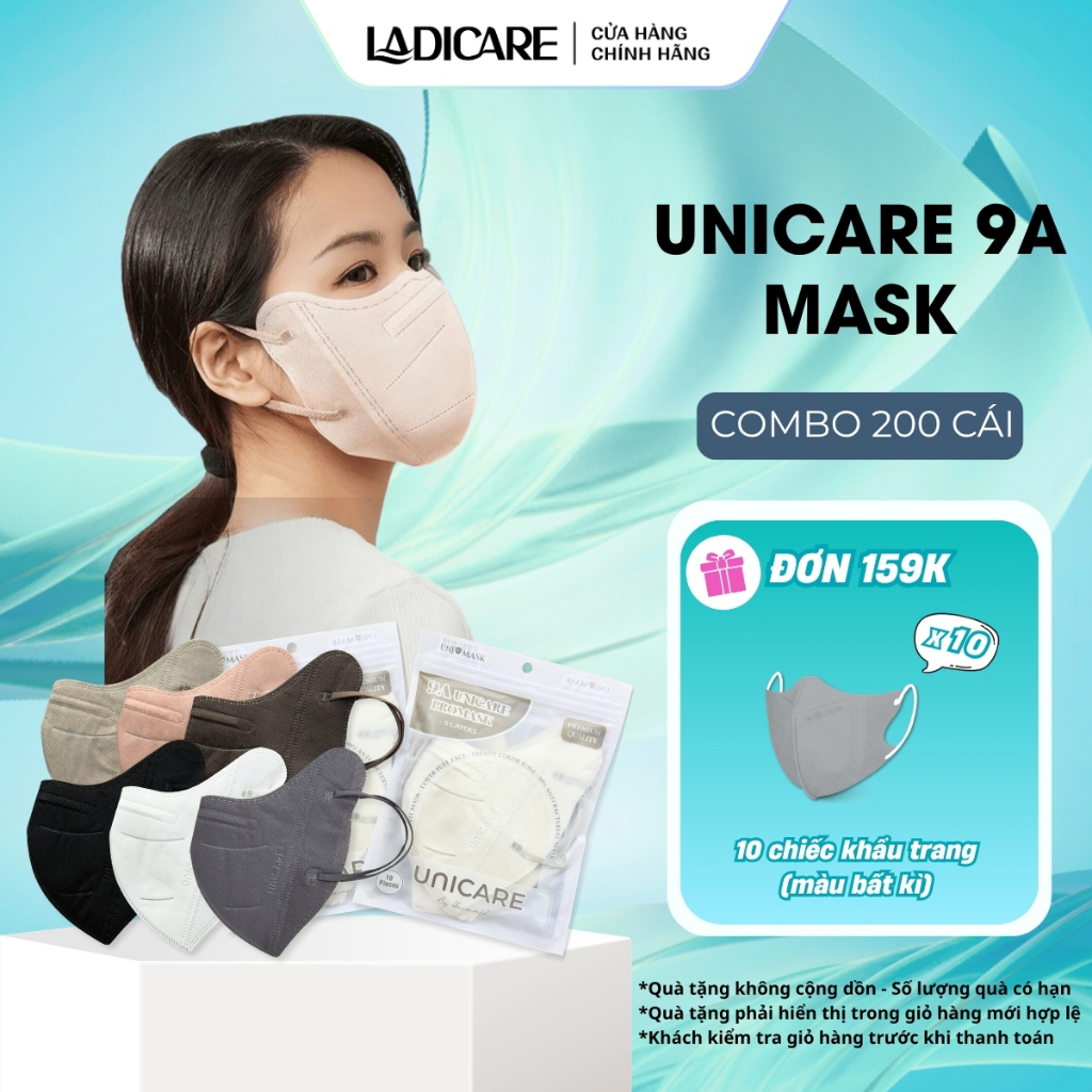 UNICARE Combo 200 cái Khẩu trang 9A UniMask chính hãng cao cấp, 5 lớp dày dặn che kín mặt, chống tia UV