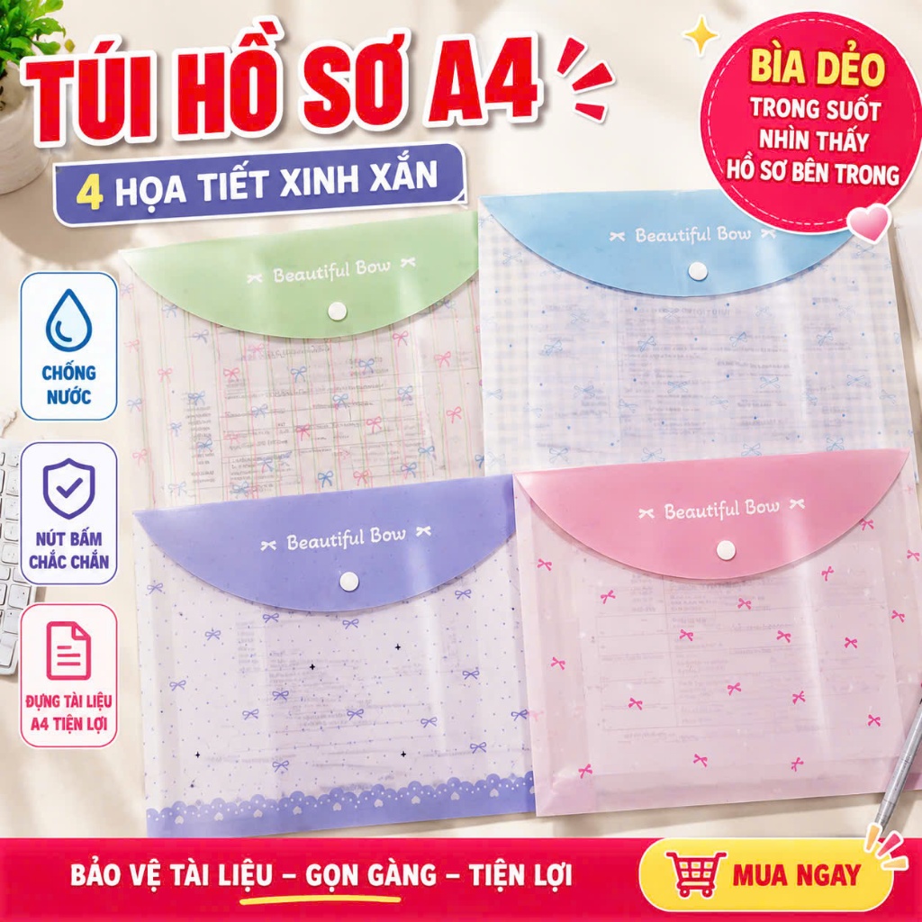 Túi Đựng Tài Liệu A4 Cute Cartoon – File Hồ Sơ Nút Bấm Chống Nước Đựng Giấy Bài Tập Cho Học Sinh