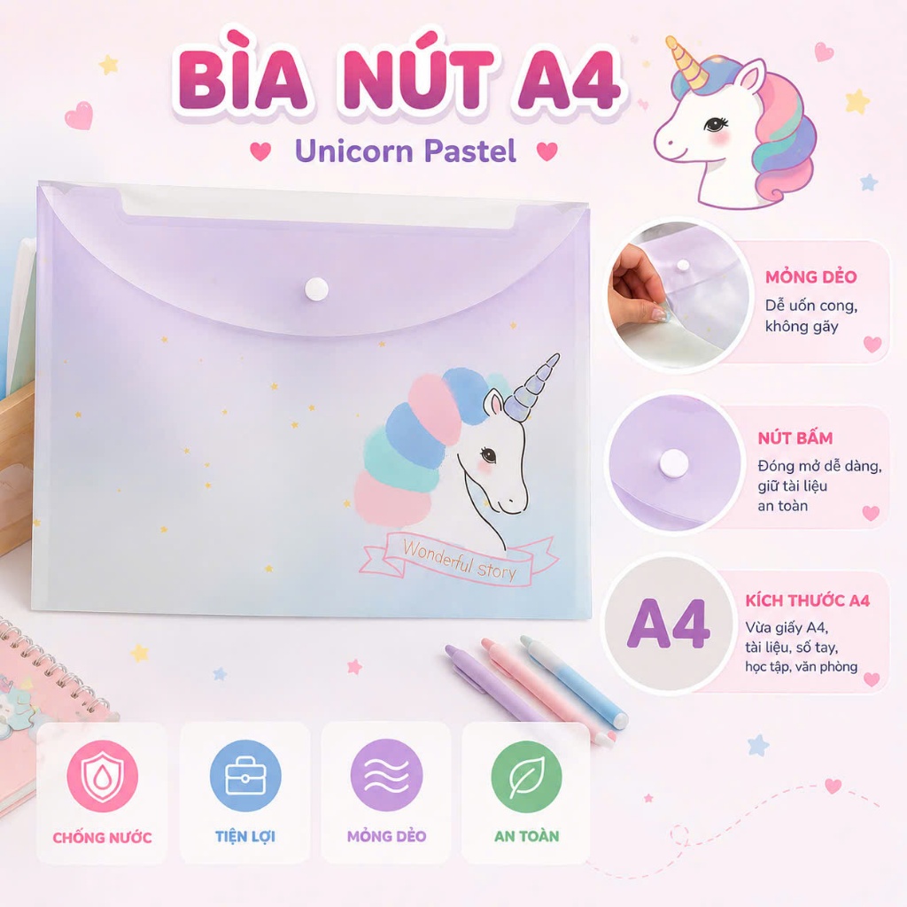 Túi Đựng Tài Liệu A4 Cute Cartoon – File Hồ Sơ Nút Bấm Chống Nước Đựng Giấy Bài Tập Cho Học Sinh