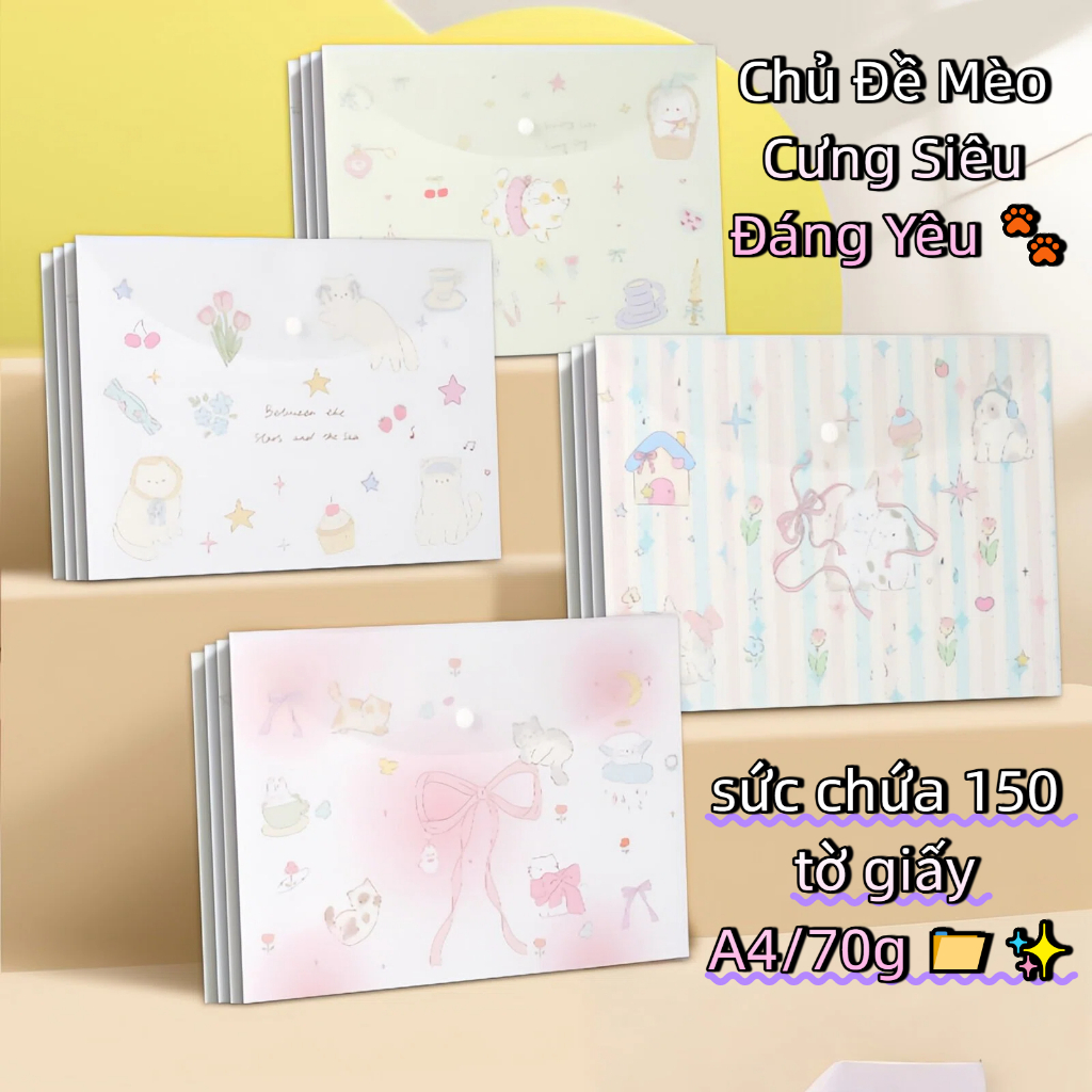 Túi Đựng Tài Liệu A4 Cute Cartoon – File Hồ Sơ Nút Bấm Chống Nước Đựng Giấy Bài Tập Cho Học Sinh