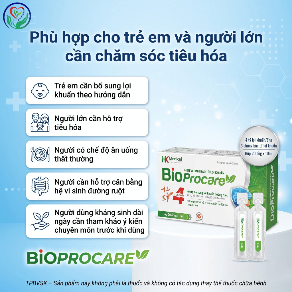 BioProcare hộp 20 ống, men vi sinh bào tử lợi khuẩn hỗ trợ tiêu hóa, cân bằng hệ vi sinh đường ruột