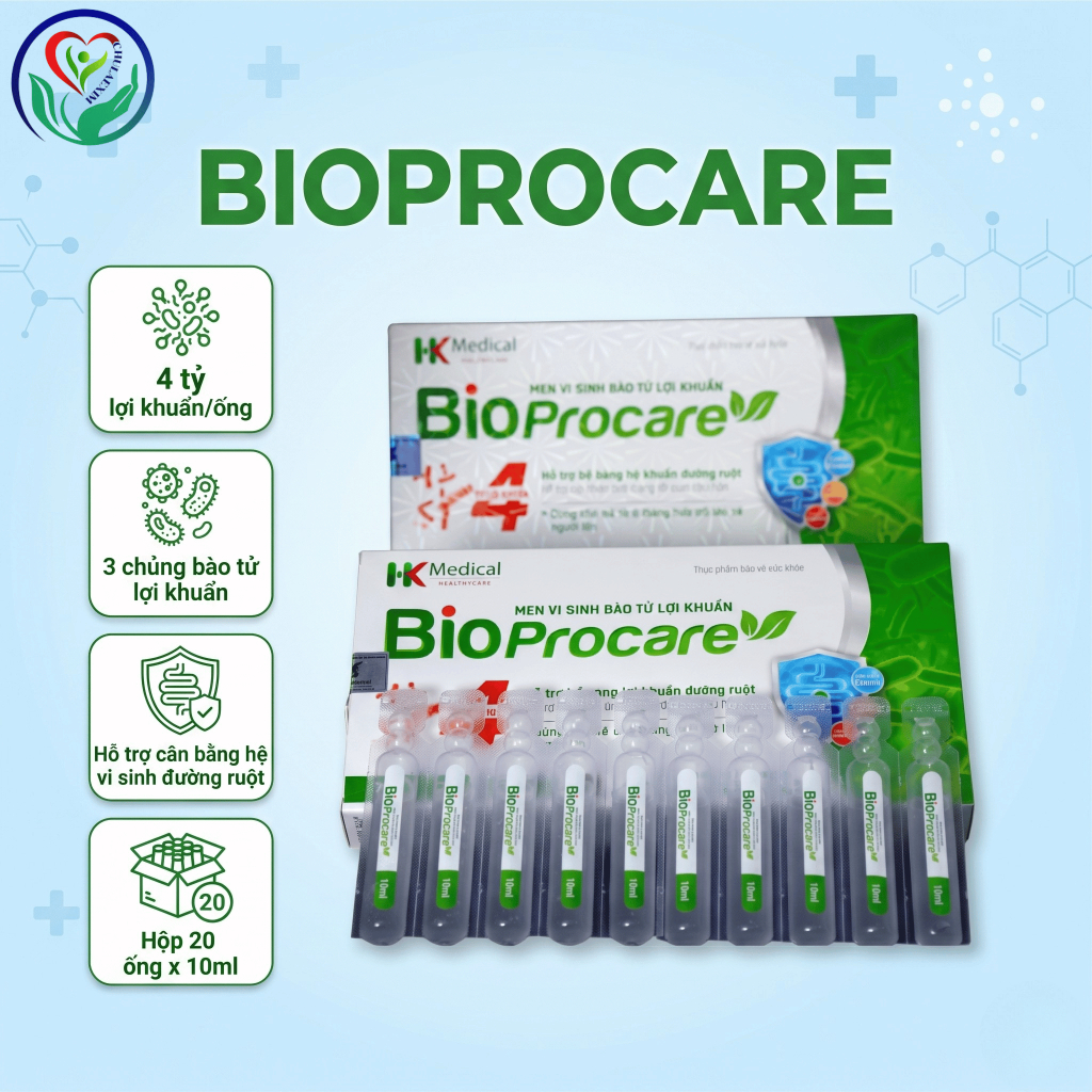 BioProcare hộp 20 ống, men vi sinh bào tử lợi khuẩn hỗ trợ tiêu hóa, cân bằng hệ vi sinh đường ruột