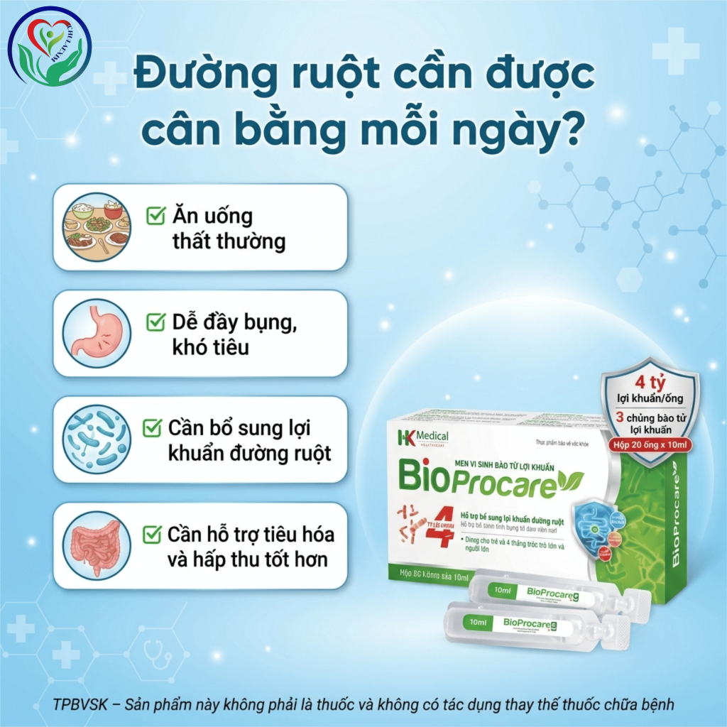 BioProcare hộp 20 ống, men vi sinh bào tử lợi khuẩn hỗ trợ tiêu hóa, cân bằng hệ vi sinh đường ruột