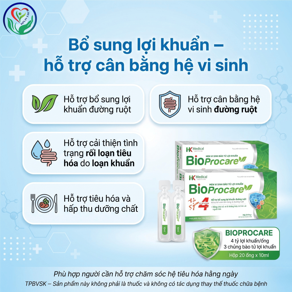 BioProcare hộp 20 ống, men vi sinh bào tử lợi khuẩn hỗ trợ tiêu hóa, cân bằng hệ vi sinh đường ruột