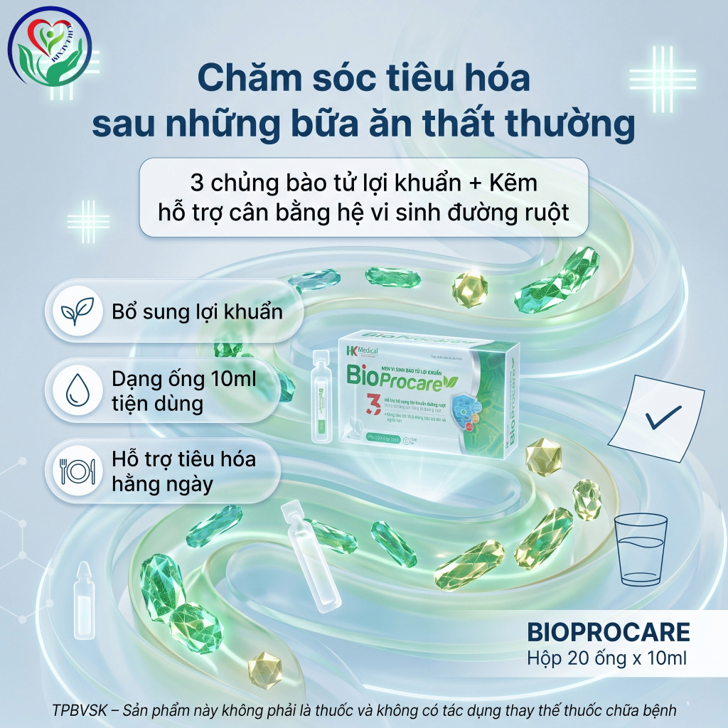 BioProcare hộp 20 ống, men vi sinh bào tử lợi khuẩn hỗ trợ tiêu hóa, cân bằng hệ vi sinh đường ruột