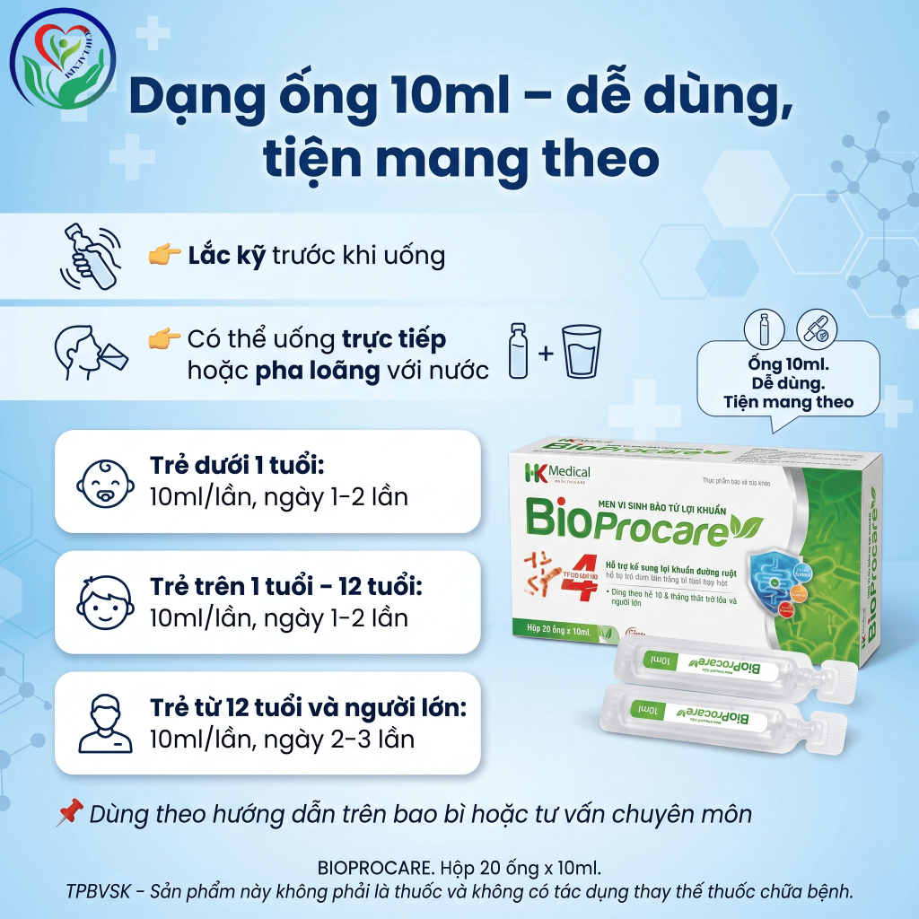 BioProcare hộp 20 ống, men vi sinh bào tử lợi khuẩn hỗ trợ tiêu hóa, cân bằng hệ vi sinh đường ruột