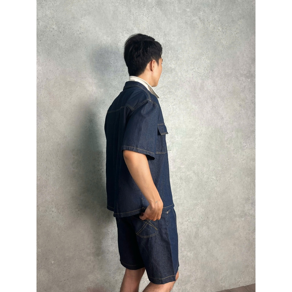 Set Jean Nam Áo Sơ Mi Tay Ngắn Và Quần Short Xanh Denim Form Rộng Vintage Hàn Quốc Urban Denim Set Cao Cấp MODMEN
