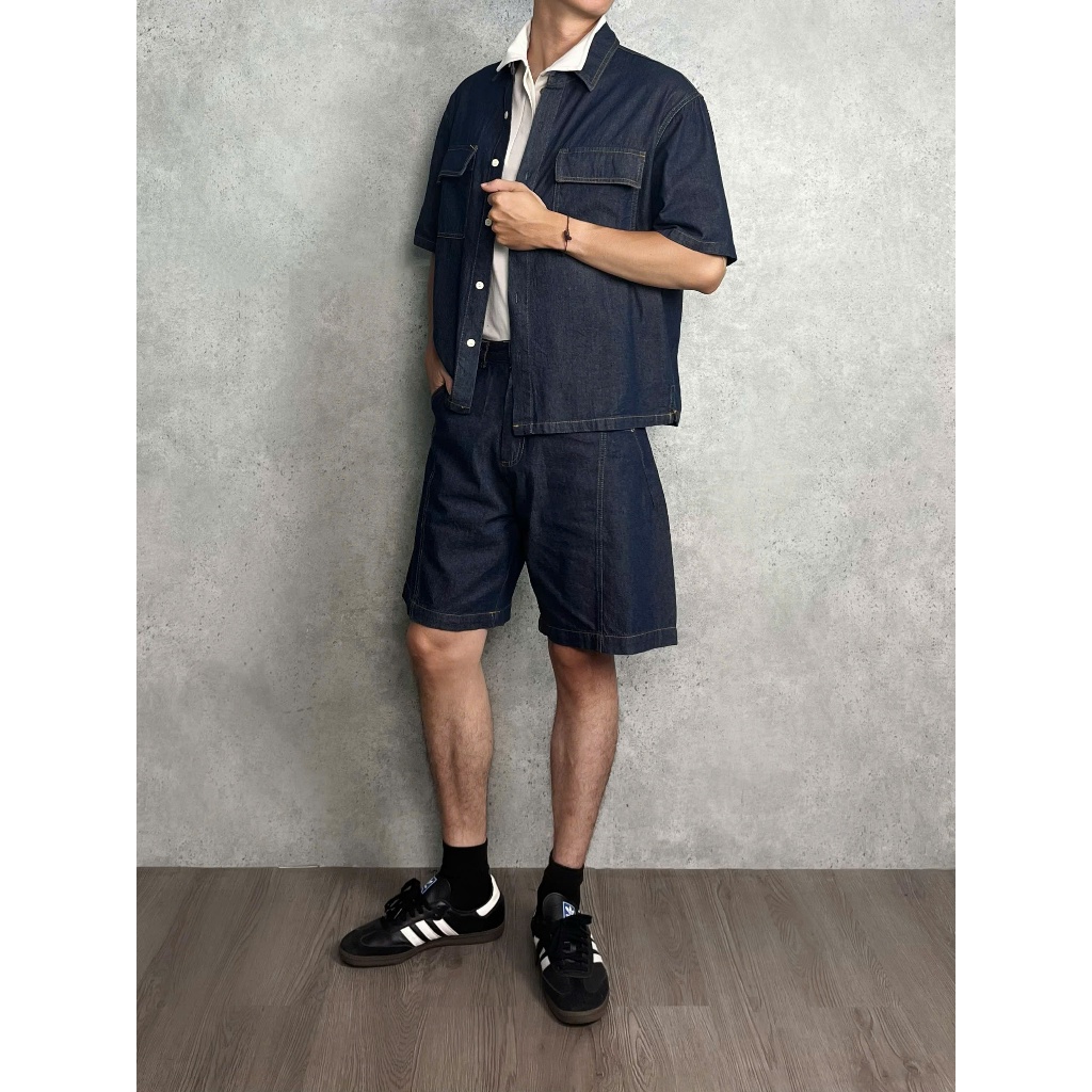 Set Jean Nam Áo Sơ Mi Tay Ngắn Và Quần Short Xanh Denim Form Rộng Vintage Hàn Quốc Urban Denim Set Cao Cấp MODMEN
