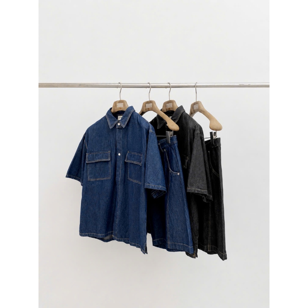 Set Jean Nam Áo Sơ Mi Tay Ngắn Và Quần Short Xanh Denim Form Rộng Vintage Hàn Quốc Urban Denim Set Cao Cấp MODMEN