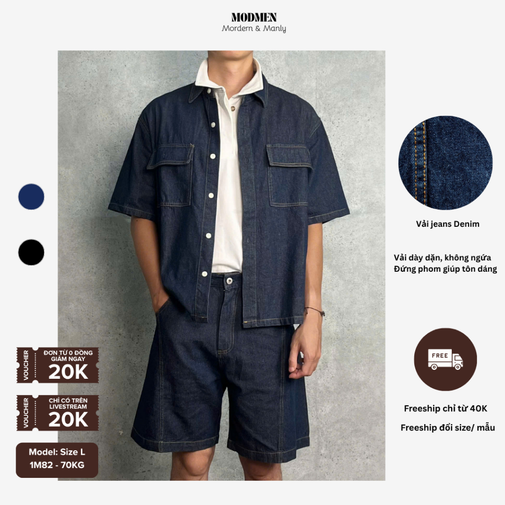 Set Jean Nam Áo Sơ Mi Tay Ngắn Và Quần Short Xanh Denim Form Rộng Vintage Hàn Quốc Urban Denim Set Cao Cấp MODMEN