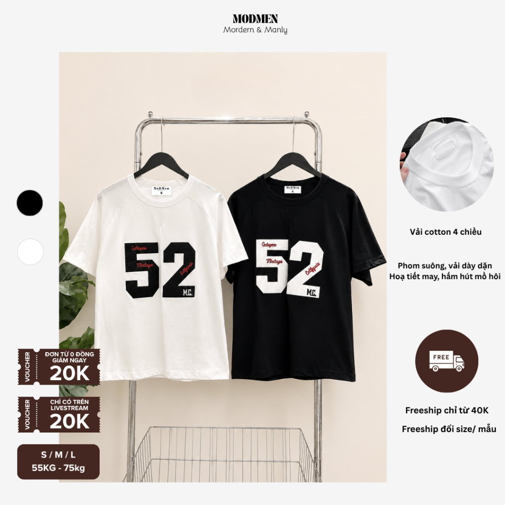 [SALE XẢ KHO] Áo Thun Nam Cotton Form Oversize Họa Tiết Thêu Nổi Phong Cách Hàn Quốc Fifty-Two Tee MODMEN
