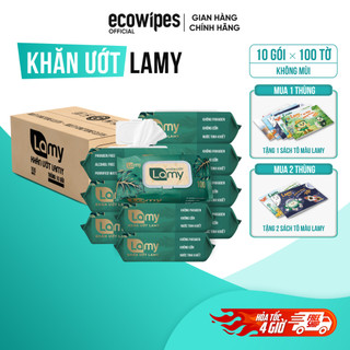 (TẶNG SÁCH TÔ MÀU) Thùng 10 gói khăn ướt Lamy gói lớn 100 tờ không mùi