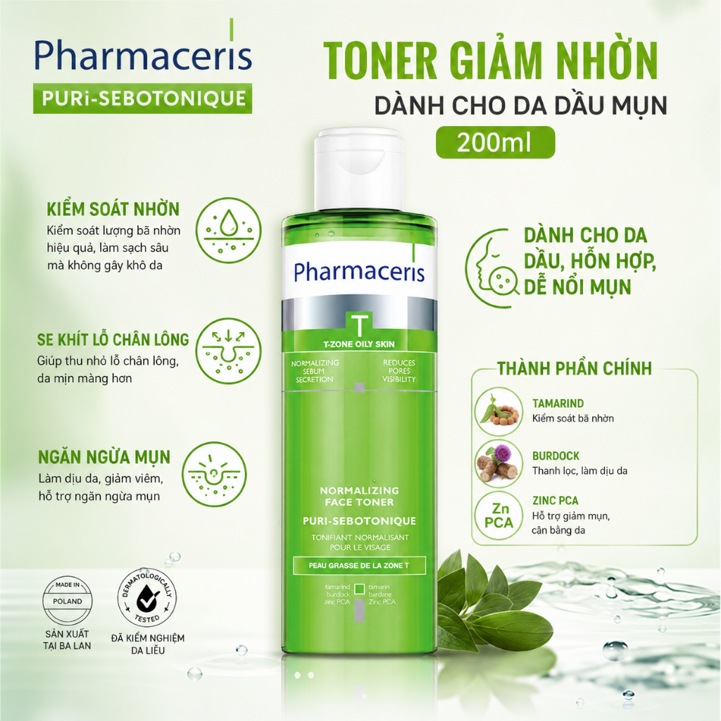 Nước cân bằng Toner giảm nhờn dành cho da dầu mụn PHARMACERIS PURI-SEBOTONIQUE 200ml - Skin Studio