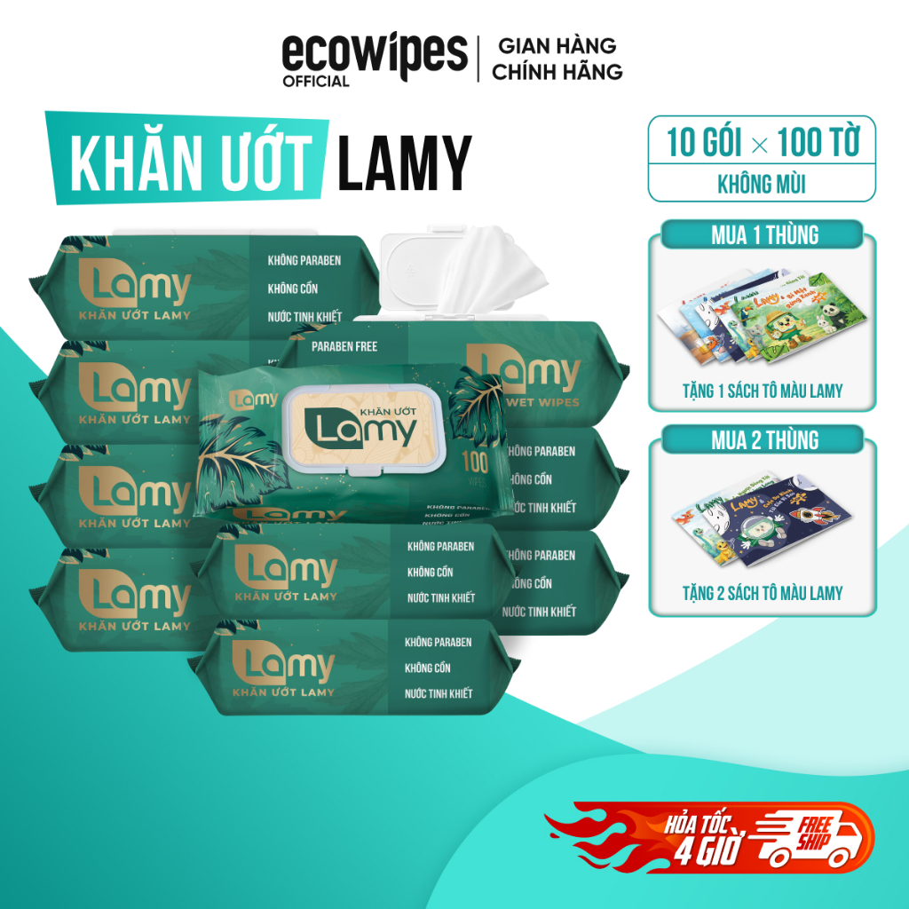 (TẶNG SÁCH TÔ MÀU) Thùng 10 gói khăn giấy ướt Lamy gói 100 tờ không mùi