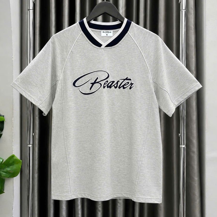 Áo Thun Nam Cotton 4 Chiều Form Rộng Cổ V Phối Viền Thêu Nổi Beaster Tee Phong Cách Đường Phố MODMEN