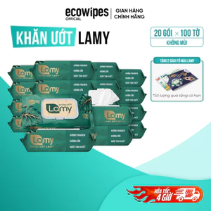 _Thùng 20 gói khăn ướt Lamy 100 tờ/gói không mùi dùng cho gia đình