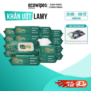 (TẶNG SÁCH TÔ MÀU)_Thùng 20 gói khăn ướt Lamy 100 tờ/gói không mùi dùng cho gia đình