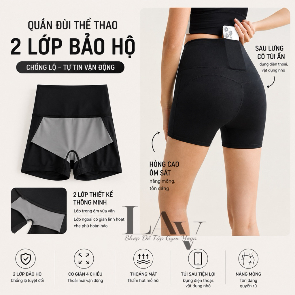 Quần đùi leggings thể thao chất thun lạnh lulu, quần tập có lớp bảo hộ, có túi đựng tôn mông gen - LAV Activewear/DAN021