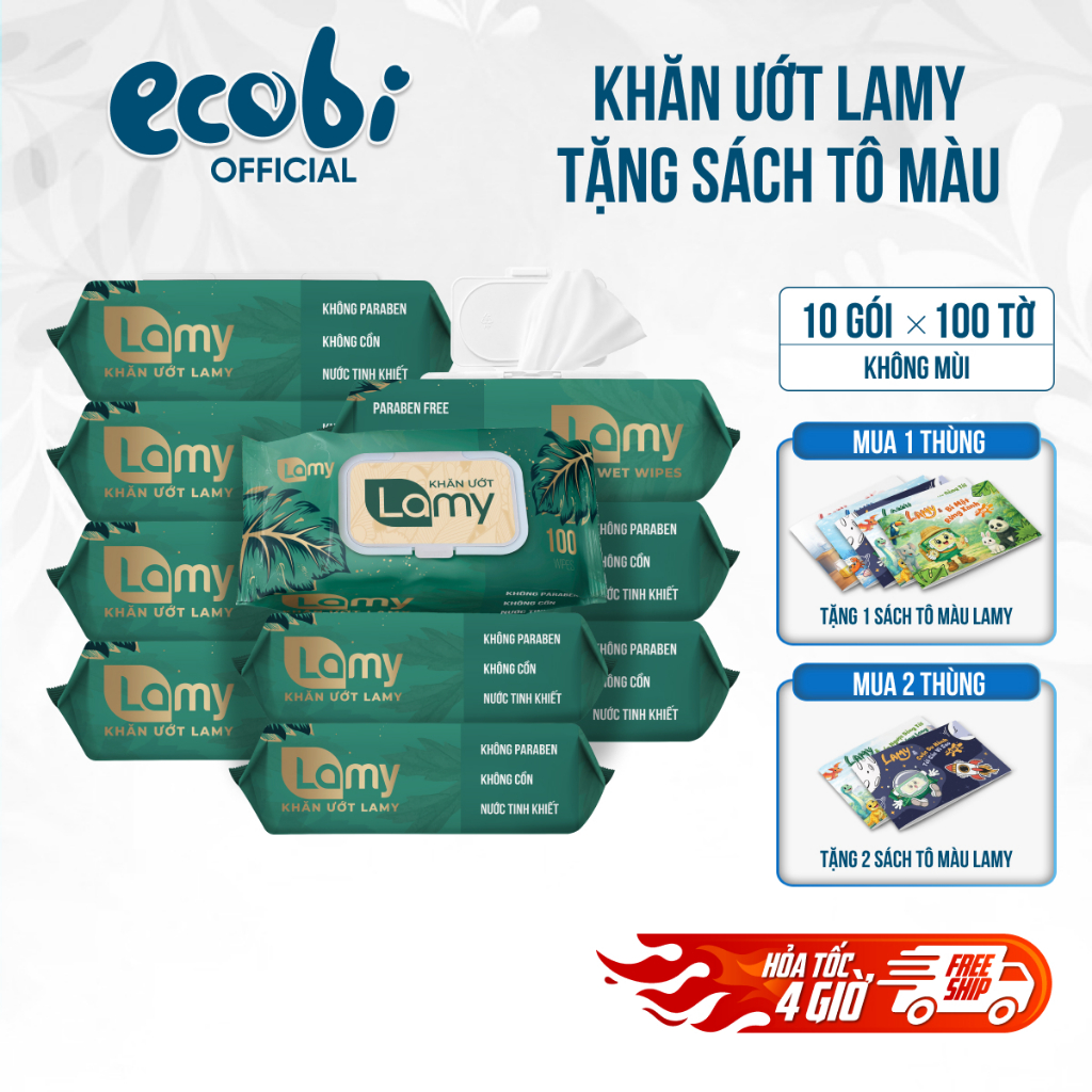 (TẶNG SÁCH TÔ MÀU) Thùng 10 gói khăn ướt Lamy 100 tờ không mùi cao cấp