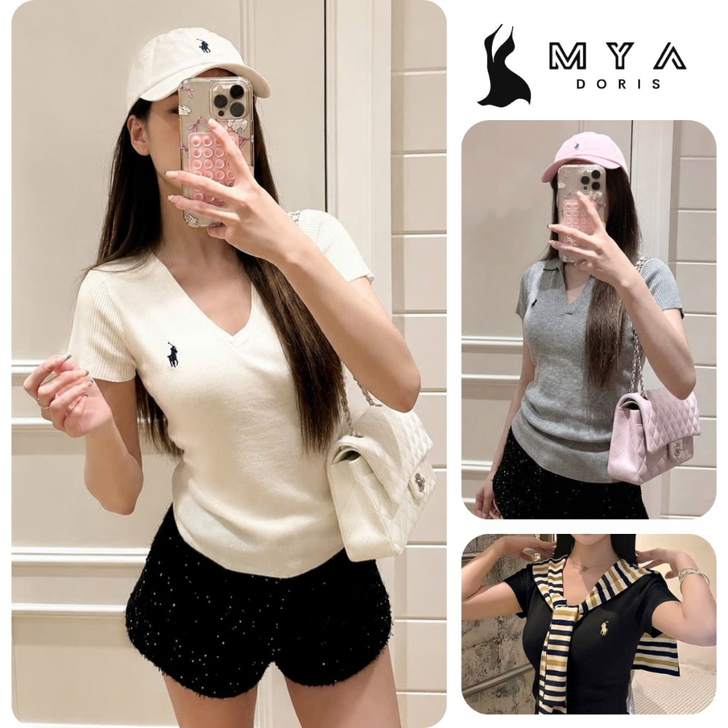 Áo len lông thỏ thêu ngựa cổ tim tay ngắn nữ, áo thun len mềm mát cổ V tôn dáng ôm body
