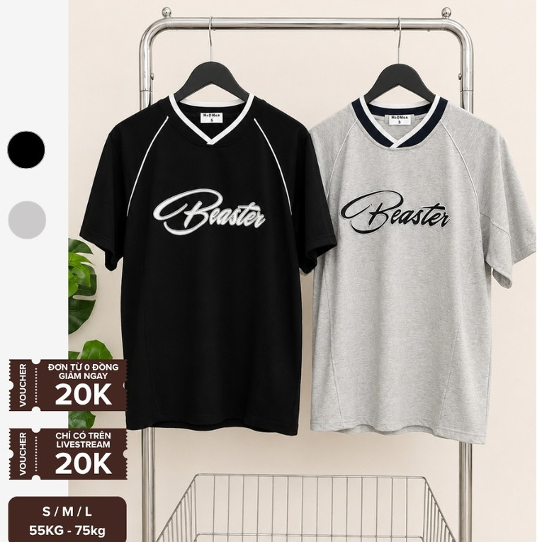 Áo Thun Nam Cotton 4 Chiều Form Rộng Cổ V Phối Viền Thêu Nổi Beaster Tee Phong Cách Đường Phố MODMEN