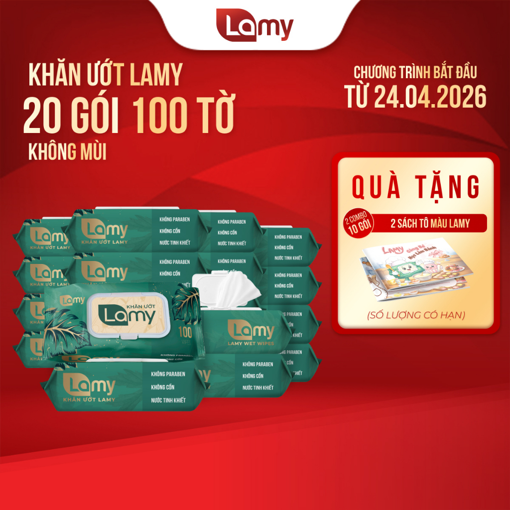Thùng 20 gói khăn ướt Lamy gói 100 tờ không mùi cho gia đình