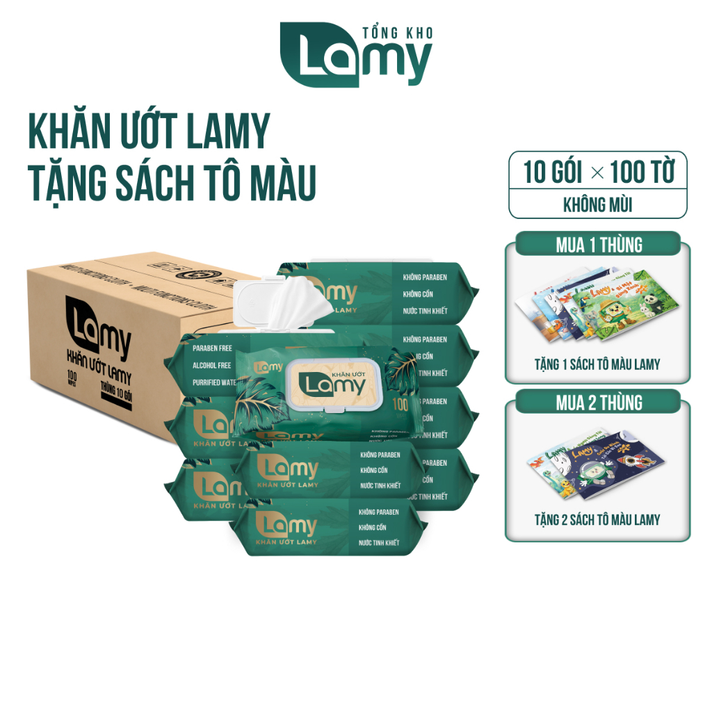 (TẶNG SÁCH TÔ MÀU) Thùng 10 Gói Khăn Ướt Lamy Gói 100 Tờ Không Mùi