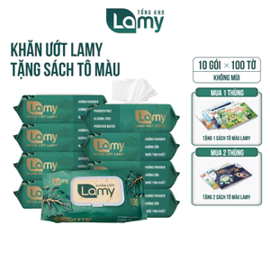 Thùng 10 gói khăn giấy ướt Lamy không cồn cao cấp gói 100 tờ