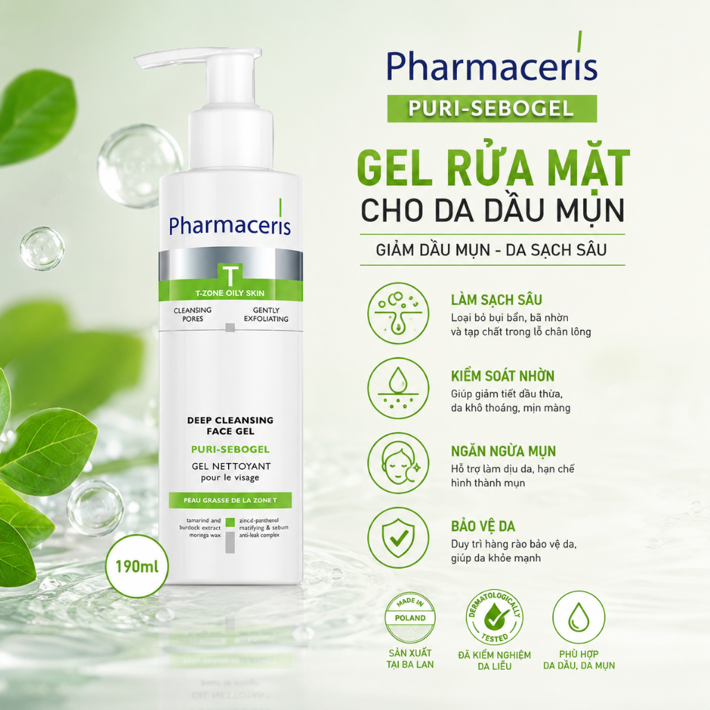 Gel Rửa Mặt Cho Da Dầu Mụn Pharmaceris Puri - Sebogel giảm dầu mụn, da sạch sâu 190ml - Skin Studio