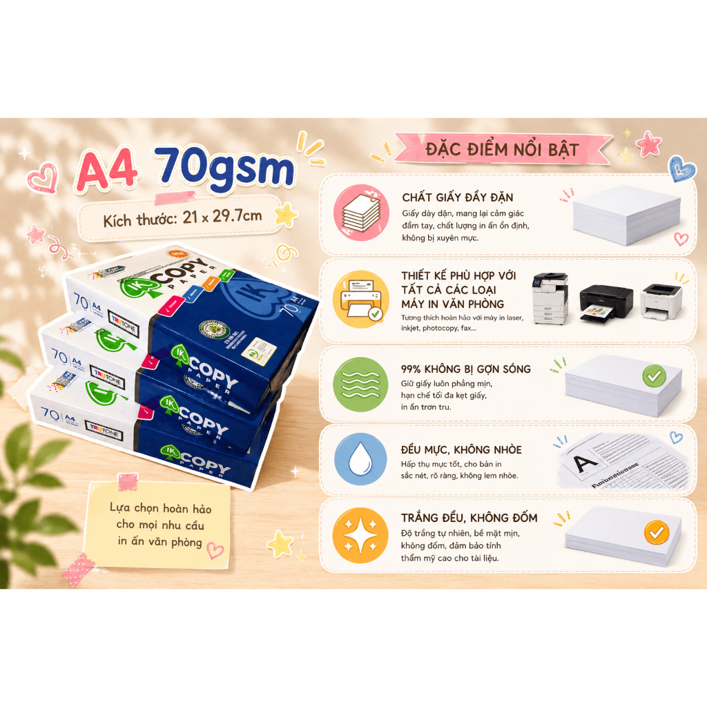 Giấy A4 500 tờ IK Copy 70gsm Thiên Long từ Indonesia chất lượng và độ dày cao, trắng sáng đều màu