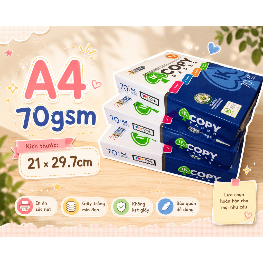 Giấy A4 500 tờ IK Copy 70gsm Thiên Long từ Indonesia chất lượng và độ dày cao, trắng sáng đều màu