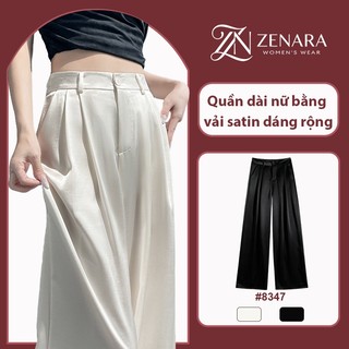 ZENARA Quần dài nữ bằng vải satin dáng rộng, thoải mái–Cạp cao, ống rộng,kiểu dáng suông và rủ,thích hợp cho mùa hè-8347