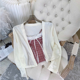 Set Áo Hai Dây Caro Phối Ren Kèm Áo Khoác Cardigan Len Mỏng Nữ Dịu Dàng Vintage Hot Trend 2026