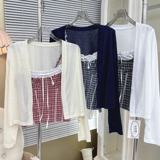 Set Áo Hai Dây Caro Phối Ren Kèm Áo Khoác Cardigan Len Mỏng Nữ Dịu Dàng Vintage Hot Trend 2026