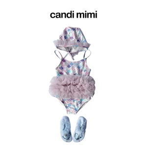 CANDI MIMI Set bơi tím hồng đính voan ánh ngọc trai