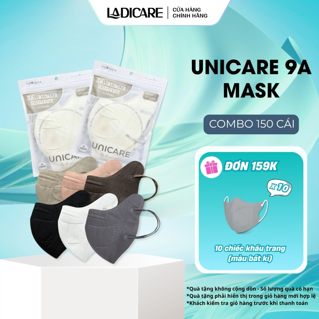 UNICARE Combo 150 cái Khẩu trang 9A UNICARE chính hãng cao cấp, 5 lớp kháng khuẩn, che kín mặt chống tia UV tuyệt đối